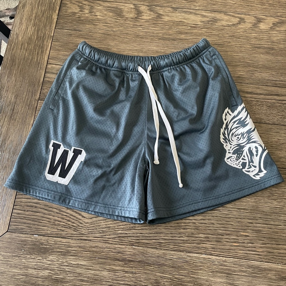 Darc Sport Gray Athletic Mesh Shorts with White Drawstring & Graphic